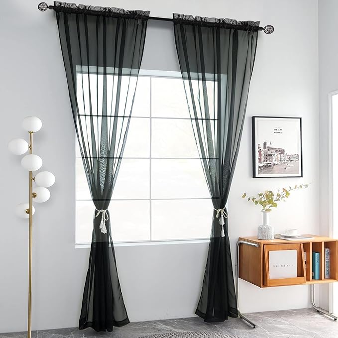 youleyar Solid Sheer Rod Pocket Curtain Voile Draperies 2 Panels White Beige Black Grey Coffee 60 Inch Width 63 Inch Long 1 Pair for Kitchen Bedroom Children Living Room Yard(Black,60Wｘ63L)