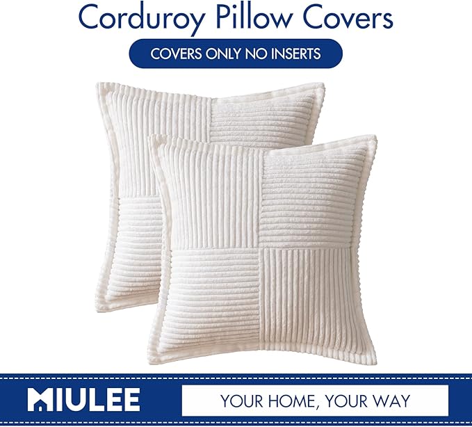 MIULEE Decorative Throw Pillow Covers for Couch Bed Livingroom 18x18 Inch Set of 2 White Boho Accent Throw Pllows Broadside Striped Patchwork Soft Corduroy Pillowcases