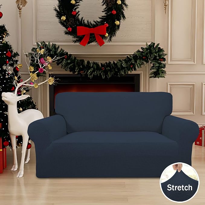 Easy-Going Stretch Loveseat Slipcover 1-Piece Sofa Cover Furniture Protector Couch Soft with Elastic Bottom for Kids Polyester Spandex Jacquard Fabric Small Checks (Loveseat, Dark Blue)