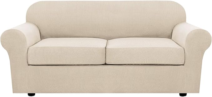 H.VERSAILTEX 3 Piece Stretch Sofa Covers for 2 Cushion Sofa Couch Covers for Living Room Sofa Slipcovers (Base Cover Plus 2 Seat Cushion Covers) Thicker Jacquard Fabric(Large Sofa, Natural)