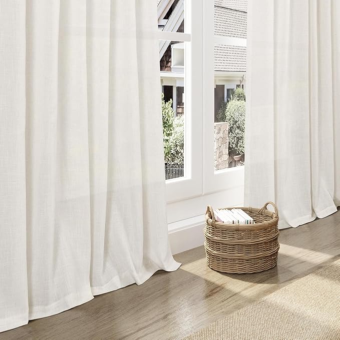 Nanspring Beige White Linen Curtains 63 Inch Length for Living Room Semi Sheer Curtain Back Tab and Rod Pocket Rustic Farmhouse Dector Coastal Room Decor Drapes for Bedroom 40 X 63, 2 Panels