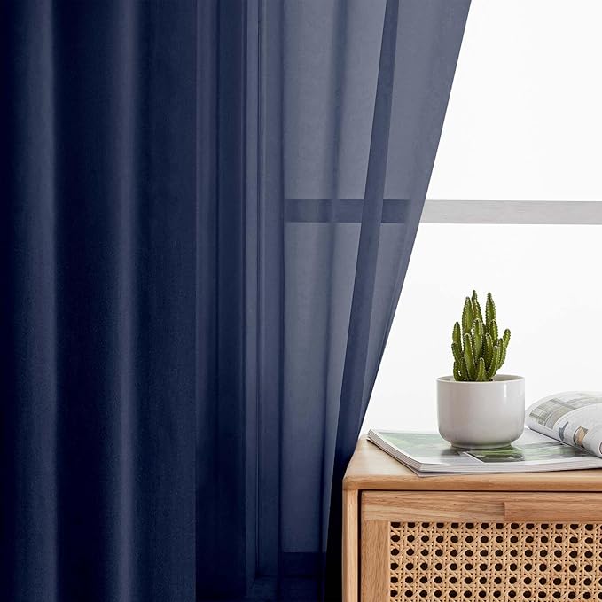 Navy Blue Sheer Curtains for Bedroom Living Room 45 Inch Length 2 Panels, Soft Airy Light Filtering Small Kitchen Window Curtains, Rod Pocket Short Curtain Drapes, Navy Blue, 42"Wx45"L Inch