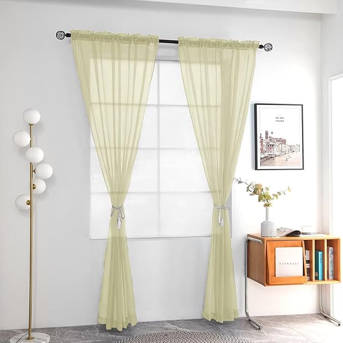 youleyar Solid Sheer Rod Pocket Curtain Voile Draperies 2 Panels White Beige Black Ivory Coffee 26 Inch Width 40 Inch Long 1 Pair for Kitchen Bedroom Children Living Room Yard(Sage Green,26W x 40L)