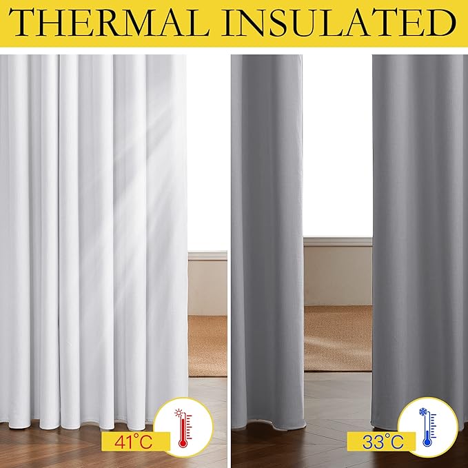 NICETOWN 100% Absolutely Blackout Linen Curtains with Thermal Insulated White Liner, White, 52 inches Wide, 102 inches Length Energy Saving Curtains for Living Room 2 Panels Set, Vertical Blinds