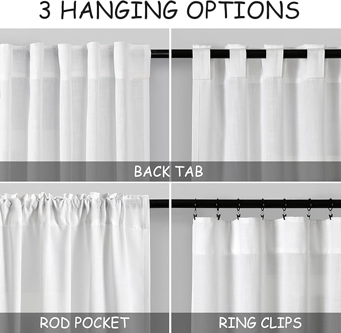 Nanspring White Semi Sheer Linen Curtains 72 inch Length for Living Room Back Tab Rod Pocket Modern Farmhouse Coastal Decor White Cotton Textured Gauze Curtains for Dining Room Office 38x72