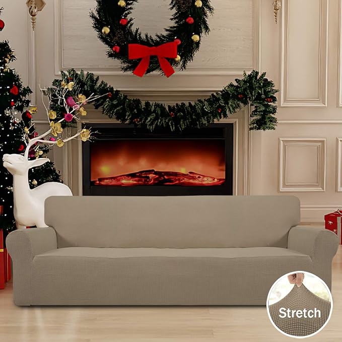 Easy-Going Stretch 4 Seater Sofa Slipcover 1-Piece Sofa Cover Furniture Protector Couch Soft with Elastic Bottom for Kids, Polyester Spandex Jacquard Fabric Small Checks Natural