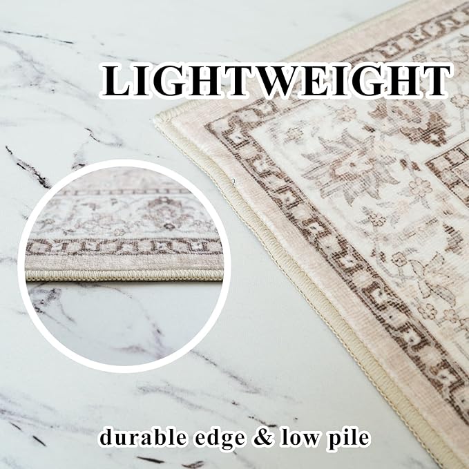 Washable 5x5 Square Area Rugs: Indoor Non-Slip Entryway Kitchen Rugs Oriental Stain-Resistant Bathroom Laundry Floor Mat Water Resistant Light Weight Carpet for Living Room Bedroom Nursery(5x5,Beige)