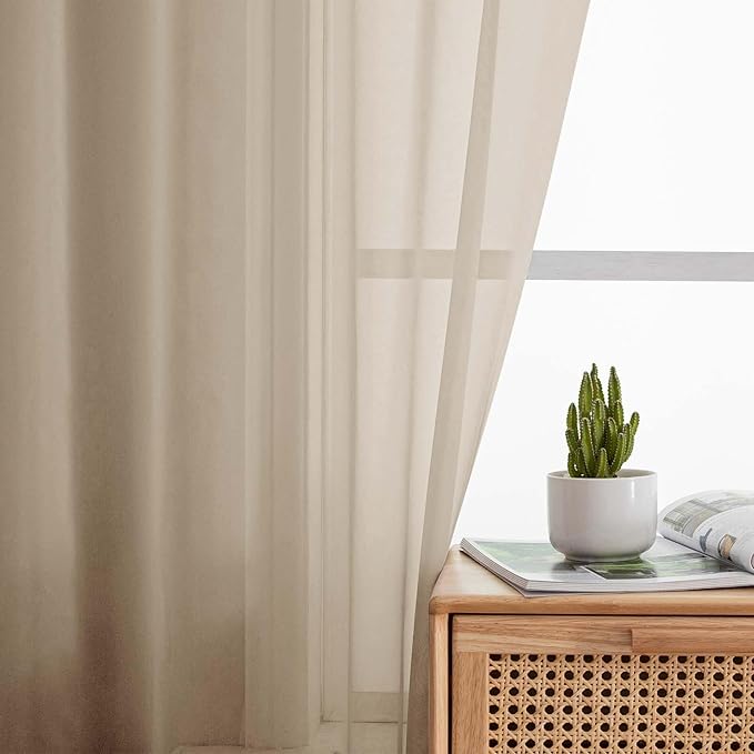 Kitchen Curtains 24 Inch Length Tier 2 Pieces, Taupe Sheer Curtain Solid Soft Sheer Short Curtains for Windows, Cafe Bathroom Basement Rod Pocket Drapes, Taupe, Each 42" Wx24 L Inches