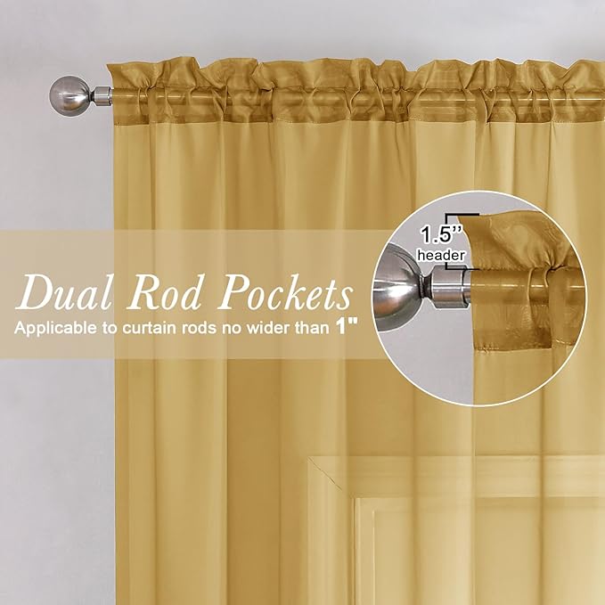 Lecloud Gold Sheer Curtains 108 Inches Long 2 Panels, Dual Rod Pocket Light Filtering Bedroom Curtains for Living Room Decor, Airy Solid Color Window Treatments Drapes, Each Panel 59" W x 108" L