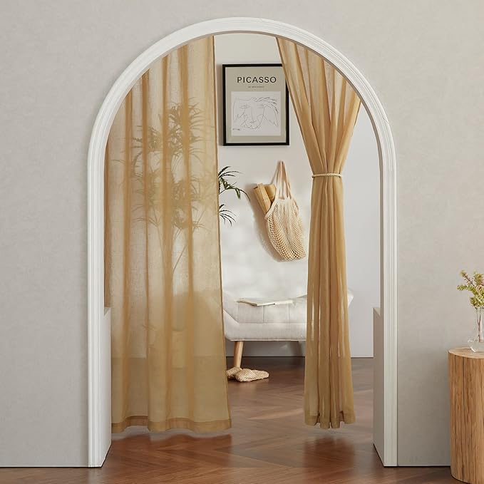 NICETOWN Desert Yellow Curtains for Living Room, Grommet Flax Linen Sheer Curtains Semitransparent with Light Filtering Luxury & Casual for Bedroom/Living Room, W52 x L108, 2 Pieces