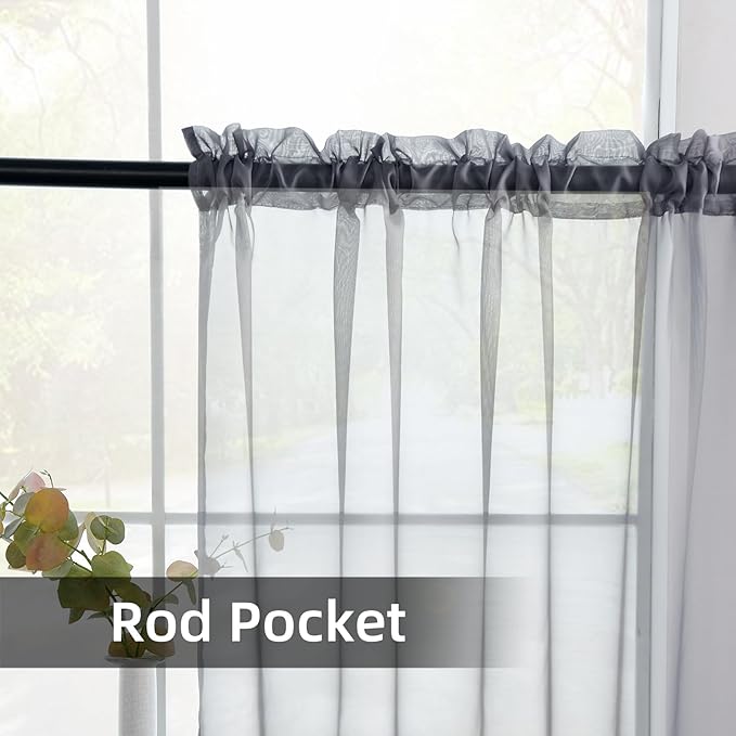 youleyar Solid Sheer Rod Pocket Curtain Voile Draperies 2 Panels White Beige Black Grey Coffee 52 Inch Width 90 Inch Long 1 Pair for Kitchen Bedroom Children Living Room Yard(Grey,52Wｘ90L)
