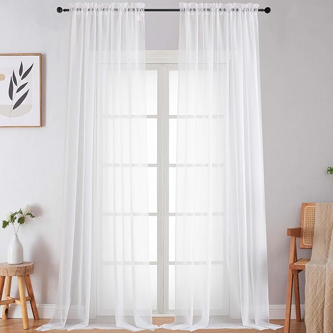 Extra Long Sheer White Curtains for Bedroom Living Room 108 Inches Long 2 Panels Set, Solid Soft Light Filtering Rod Pocket Sheer Window Curtains, White, Each 59" Wx108 L Inch