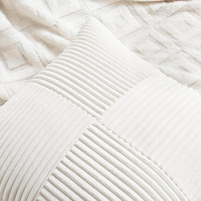 Fancy Homi 2 Packs Cream White Samll Decorative Throw Pillow Covers 14x14 Inch with for Couch Bed Sofa, Rustic Farmhouse Boho Home Decor, Soft Corss Patchwork Corduroy Square Cushion Case 35x35 cm
