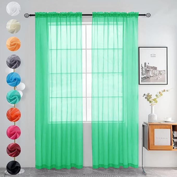 youleyar Solid Sheer Rod Pocket Curtain Voile Draperies 2 Panels White Beige Black Grey Ivory 52 Inch Width 72 Inch Long 1 Pair for Kitchen Bedroom Children Living Room Yard (Grass Green,52Wｘ72L)