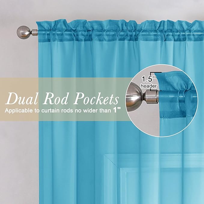 Lecloud Turquoise Sheer Curtains 84 Inches Long 2 Panels, Light Filtering Voile Curtain Drapes for Bedroom Living Room, Dual Rod Pocket Semi Sheer Window Treatments, 40 W x 84 L Inches