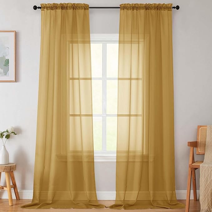 Extra Long Sheer Gold Curtains for Bedroom Living Room 108 Inches Long 2 Panels Set, Solid Soft Light Filtering Rod Pocket Sheer Window Curtains, Gold, Each 42" Wx108 L Inch