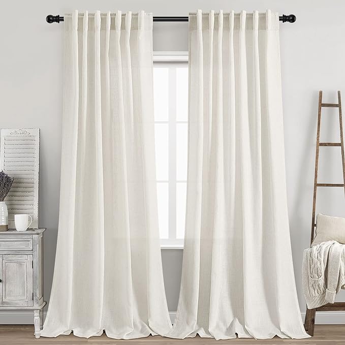Nanspring Cream Linen Curtains 93 Inches Long 2 Panels Back Tab Rod Pocket Modern Farmhouse Linen Light Filtering Curtains Semi Sheer Curtain Drapes for Living Room Bedroom Dining Room 52x93