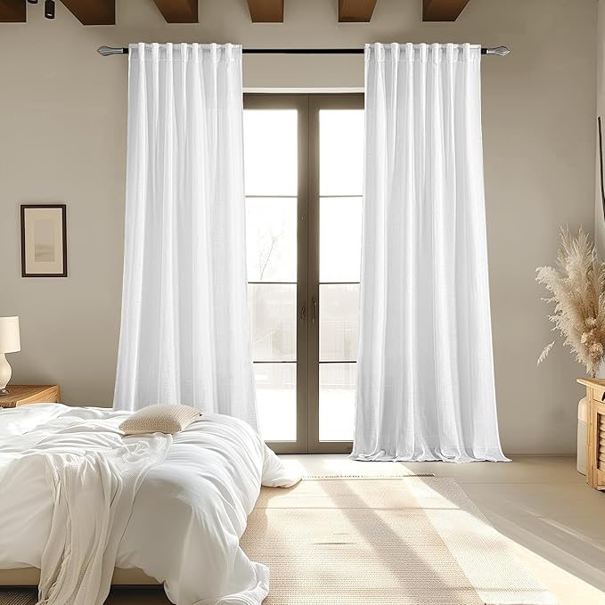 MIULEE White Linen Curtains 100 Inch Long 2 Panels for Bedroom Living Room, Soft Thick Linen Textured Back Tab Window Drapes Semi Sheer Light Filtering Rod Pocket Modern Farmhouse Decor