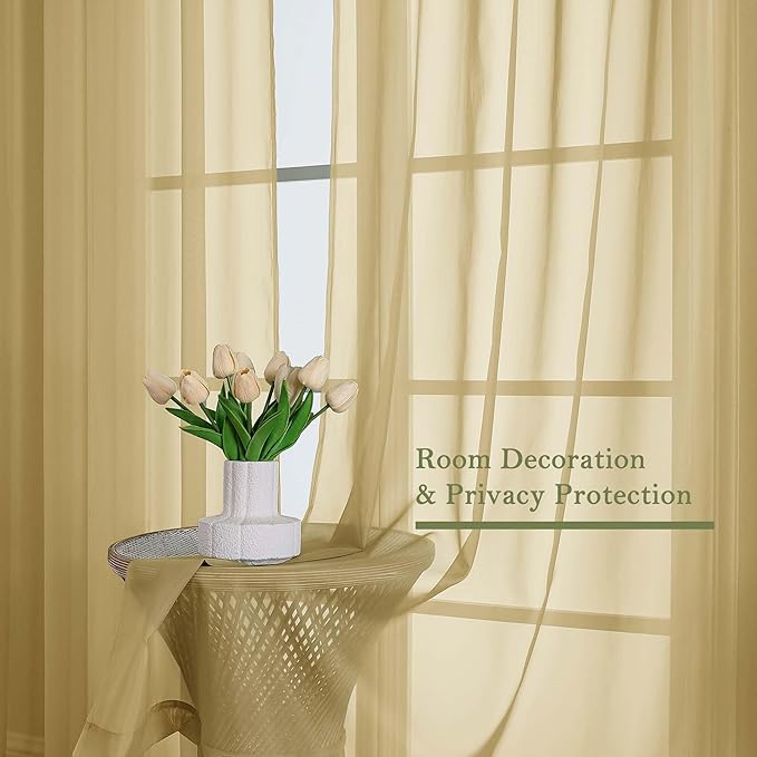 Lecloud Gold Sheer Curtains 108 Inches Long 2 Panels, Dual Rod Pocket Light Filtering Bedroom Curtains for Living Room Decor, Airy Solid Color Window Treatments Drapes, Each Panel 59" W x 108" L