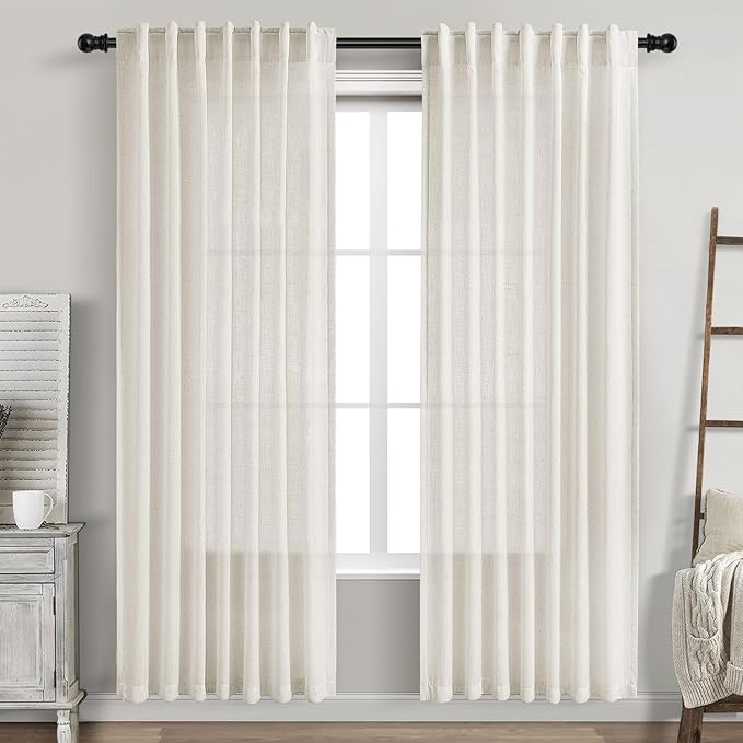 Nanspring Cream Linen Curtains 83 Inch Length 2 Panels Set for Living Room Back Tab Rod Pocket Semi Sheer Window Curtain Drapes Neutral Rustic Farmhouse Decor Dining Room Curtain 52x83