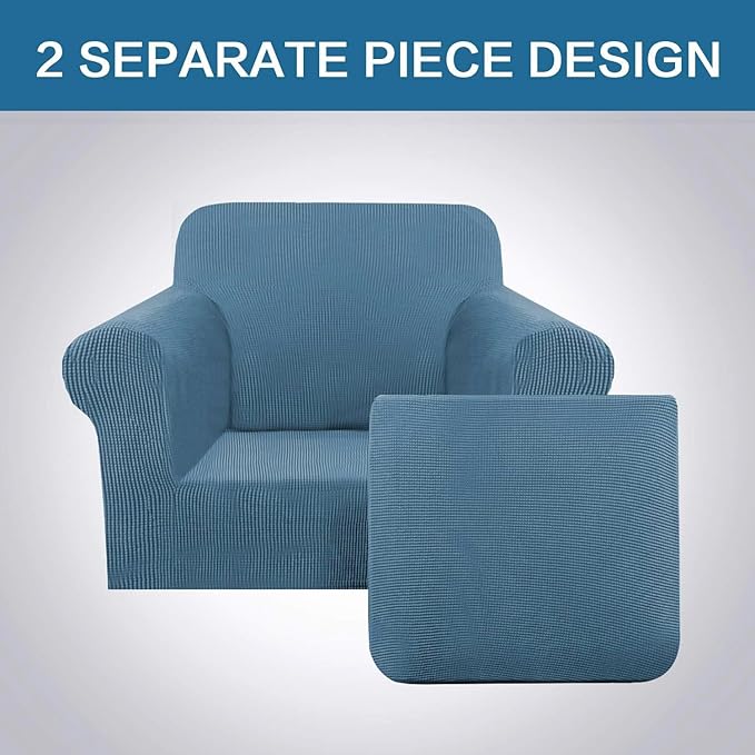 H.VERSAILTEX High Stretch Chair Cover Chair Slipcover 2 Piece Couch Shield Furniture Cover/Protector Soft with High Spandex Jacquard Checked Pattern Fabric (Chair, Dusty Blue)