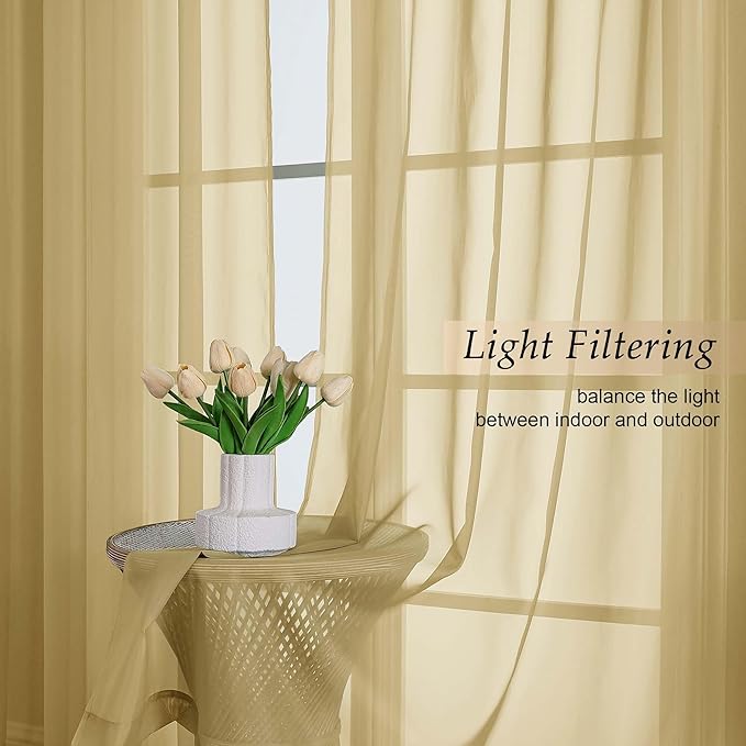 Gold Sheer Curtains 84 Inches Long 2 Panels Set for Bedroom Living Room, Soft Airy Light Filtering Modern Solid Rod Pocket Drapes Window Treatments, Gold, Each 59" W x 84" L
