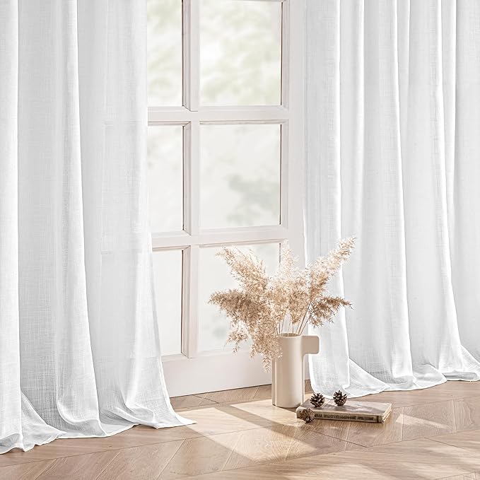 MIULEE White Linen Curtains 104 Inch Long 2 Panels for Bedroom Living Room, Soft Thick Linen Textured Back Tab Window Drapes Semi Sheer Light Filtering Rod Pocket Modern Farmhouse Decor