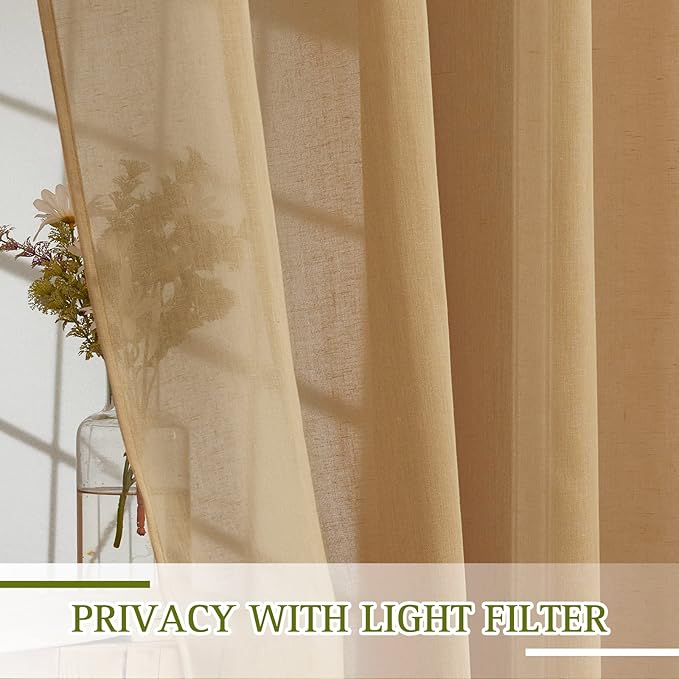 NICETOWN Linen Blend Flax Sheer Window Curtains & Drapes, Grommet Semi Sheer Curtains Privacy with Light Through for Bedroom/Living Room, Desert Yellow, W52 x L72, 2 Pieces