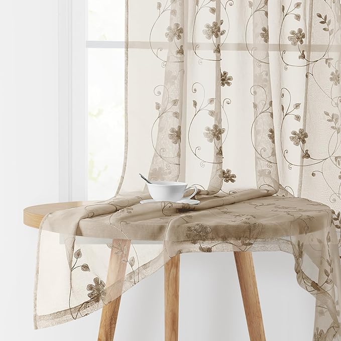 HOMEIDEAS Taupe Sheer Curtains 63 Inches Length 2 Panels Beige Embroidered Floral Pattern Semi Sheer Window Curtains for Bedroom Living Room