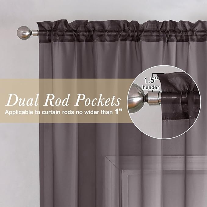 Lecloud Chocolate Sheer Curtains 72 Inches Long 2 Panels, Rod Pocket Voile Light Filtering Curtains for Door Window, Airy Sheer Drapes for Bedroom Living Room, Each Panel 42 X 72 Inch