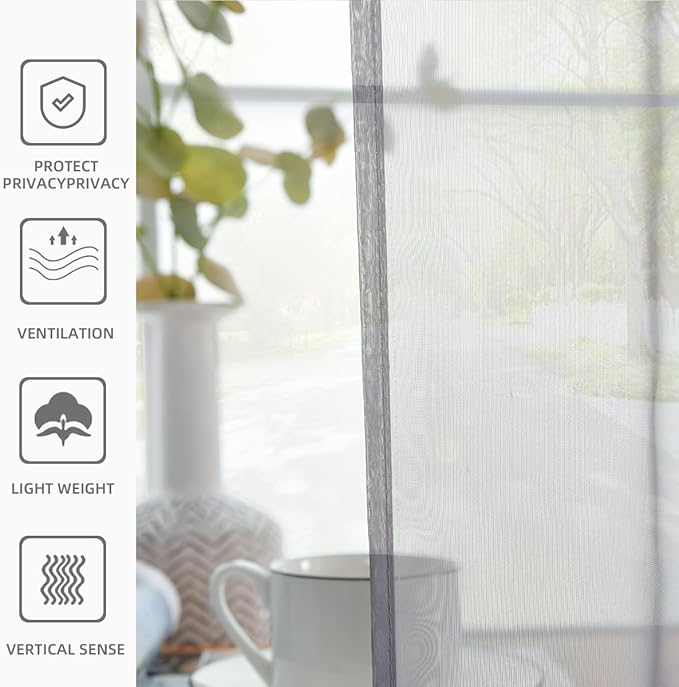 youleyar Solid Sheer Rod Pocket Curtain Voile Draperies 2 Panels White Beige Black Grey Coffee 38 Inch Width 63 Inch Long 1 Pair for Kitchen Bedroom Children Living Room Yard(Grey,38Wｘ63L)