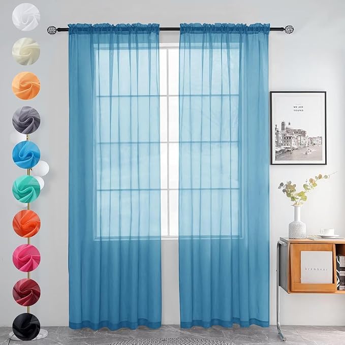 youleyar Solid Sheer Rod Pocket Curtain Voile Draperies 2 Panels White Beige Black Grey Ivory 52 Inch Width 108 Inch Long 1 Pair for Kitchen Bedroom Children Living Room Yard (Blue,52Wｘ108L)