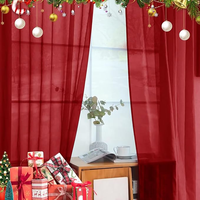 youleyar Solid Sheer Rod Pocket Curtain Voile Draperies 4 Panels White Beige Black Grey Ivory 52 Inch Width 96 Inch Long 1 Pair for Kitchen Bedroom Children Living Room Yard(Christmas Red,52 Wｘ96 L)