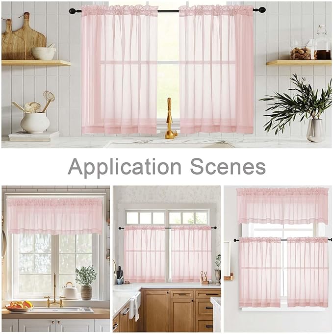 Kitchen Curtains 24 Inch Length Tier 2 Pieces, Blush Sheer Curtain Solid Soft Sheer Short Curtains for Windows, Cafe Bathroom Basement Rod Pocket Drapes, Blush, Each 42" Wx24 L Inches