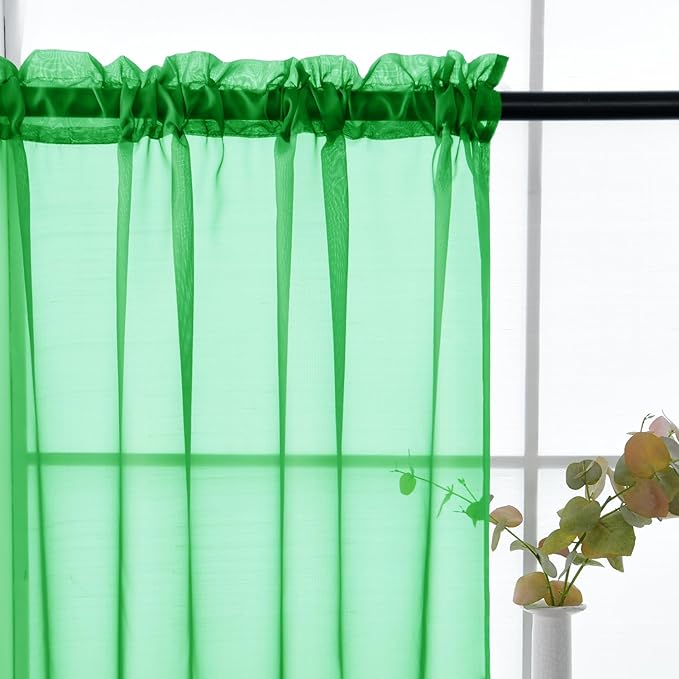 youleyar Solid Sheer Rod Pocket Curtain Voile Draperies 2 Panels White Beige Black Grey Coffee 52 Inch Width 63 Inch Long 1 Pair for Kitchen Bedroom Children Living Room Yard (Green,52Wｘ63L)