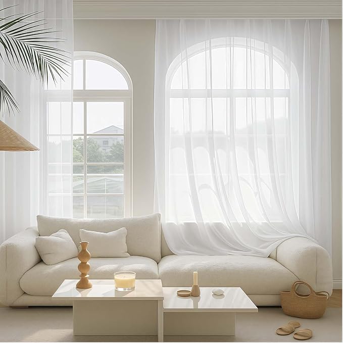 Sheer White Curtains for Bedroom Living Room 90 Inches Long 2 Panels Set, Soft Airy Light Filtering Sheer Window Treatments, Modern Rod Pocket Curtains Drapes, Each 59" Wx90 L Inch