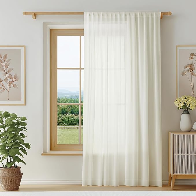 FMFUNCTEX Sheer Non-See-Through Netural Beige Curtains for Bedroom, Sliding Door Curtains 108 Inches Long Window Curtain Drapes for Living Room, Patio Glass Door Extra Wide Curtain, Rod Pocket 1 Panel