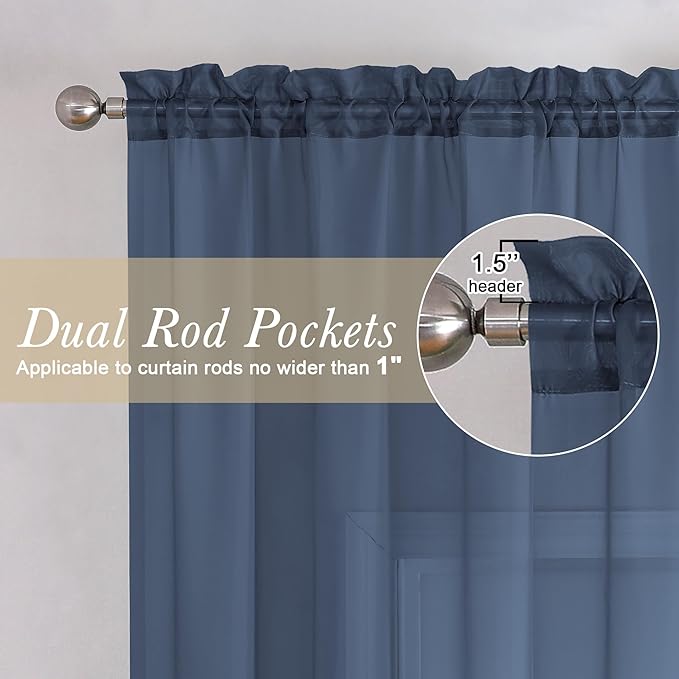 Lecloud Navy Blue Sheer Curtains 84 Inches Long 2 Panels Set, Solid Voile Light Filtering Airy Drapes for Living Room, Elegant Bedroom Decor Window Treatments with Rod Pockets, 40" W x 84" L