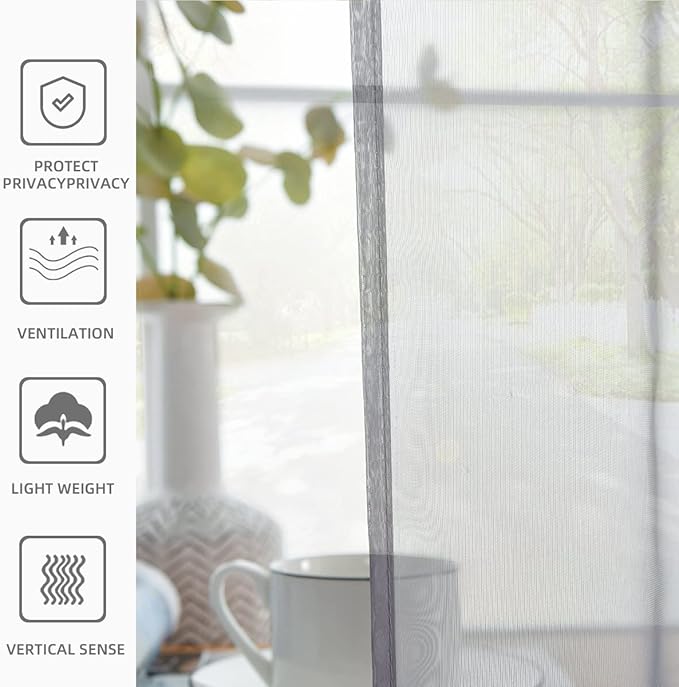 youleyar Solid Sheer Rod Pocket Curtain Voile Draperies 2 Panels White Beige Black Grey Coffee 52 Inch Width 128 Inch Long 1 Pair for Kitchen Bedroom Children Living Room Yard(Grey,52Wｘ128L)
