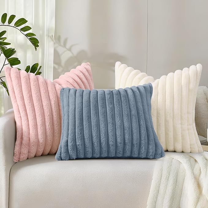decorUhome Cozy Faux Fur Throw Pillow Covers 12x20 Set of 2 Decorative Soft Plush Striped Lumbar Modern Farmhouse Boho Couch Pillow Cases with Velvet Back for Sofa Bed Living Room, Grey Blue