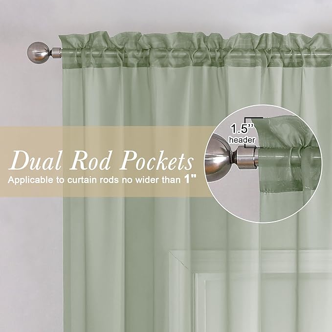 Lecloud Sage Green Sheer Curtains 96 Inches Long 2 Panels, Solid Airy Voile Dual Rod Pocket Sheer Curtains, Elegant Light Filtering Window Curtain Drapes for Living Room Bedroom Balcony, 59" W x 96" L