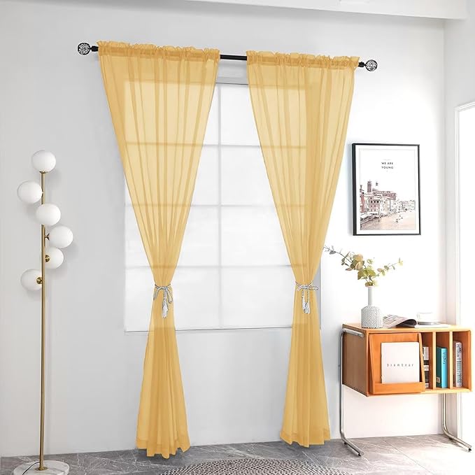 youleyar Solid Sheer Rod Pocket Curtain Voile Draperies 2 Panels White Beige Black Grey Ivory 52 Inch Width 63 Inch Long 1 Pair for Kitchen Bedroom Children Living Room Yard (Gold,52Wｘ63L)
