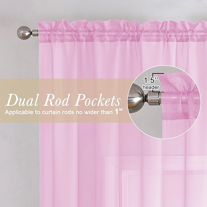 Lecloud Light Pink Sheer Curtains 108 Inches Long 2 Pcs, Airy Light Filtering Rustic Farmhouse Curtains for Bedroom, Dual Rod Pocket Solid Color Living Room Decor Drapes, Each Panel 59" W x 108" L