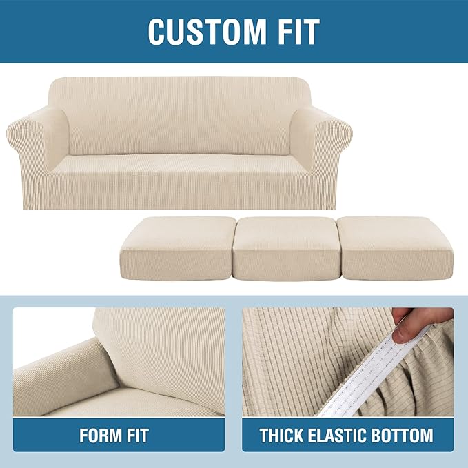 H.VERSAILTEX 4 Piece Stretch Couch Covers for 3 Cushion Couch Sofa Furniture Slipcovers Feature Upgraded Thicker Jacquard Fabric (Sofa, Natural)