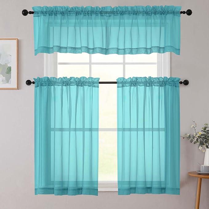 Turquoise Kitchen Curtains 30 Inch Length Tier 2 PCS, Solid Soft Half Curtains for Windows, Turquoise Sheer Rod Pocket Drapes for Bathroom Basement Small Window, 42" Wx30 L Inch