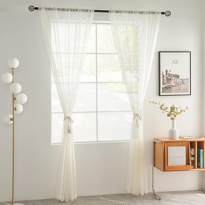 youleyar Solid Sheer Rod Pocket Curtain Voile Draperies 2 Panels White Beige Black Grey Coffee 52 Inch Width 45 Inch Long 1 Pair for Kitchen Bedroom Children Living Room Yard(Ivory,52Wｘ45L)