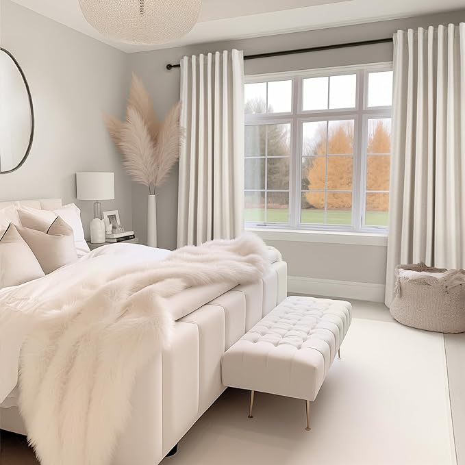 Topfinel Linen Blackout Curtains 96 Inch Long, Boho Farmhouse Ivory Birch Viral Drapes Pinch Pleated Curtains with Hooks for Living Room, Neutral 8 FT Back Tab Bedroom Curtains 52" X 96" 2 Panels