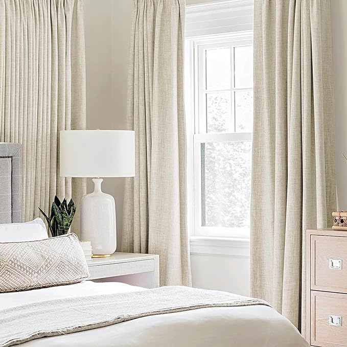 MIULEE 100% Blackout Linen Textured Curtains for Bedroom Solid Thermal Insulated Cream Grommet Room Darkening Curtains & Drapes Luxury Decor for Living Room Nursery 52 x 54 Inch (2 Panels)