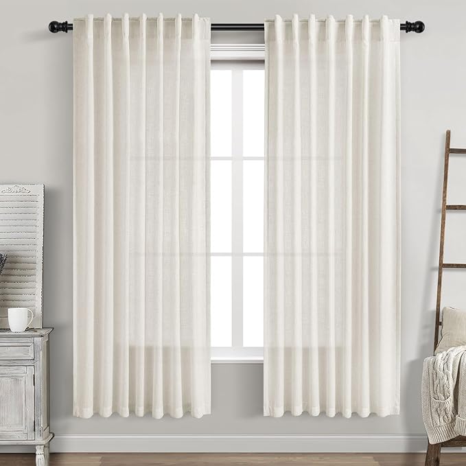 Nanspring Cream White Linen Curtains 72 Inch Length 2 Panels Set for Living Room Back Tab Pinch Pleated Window Curtain Drapes Neutral Rustic Farmhouse Decor Ivory Dining Room Curtain 72 inches Long