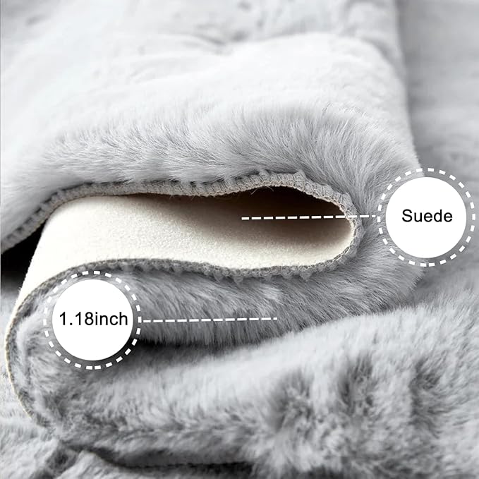 Ghouse Faux Rabbit Fur Round Rug 3ft Grey Round Rugs for Bedroom Decor Fluffy Area Rugs for Living Room, no-Shedding Carpet Sheepskin Washable Rug Rome Decor